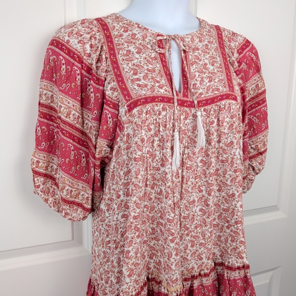 Rachel Zoe Tops - Romantic Red Paisley Peasant Blouse Top Boho Tassel Keyhole Puff Sleeve Sz Small
